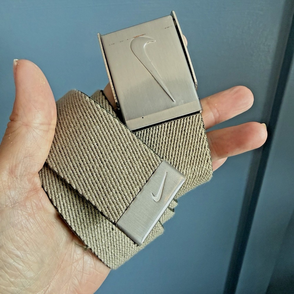 Nike Reversible Web Belt Khaki Olive Green Silver Swoosh Buckle‎ Canvas Tech 37"